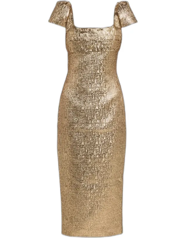 Pleated Drape Metallic Midi Dress