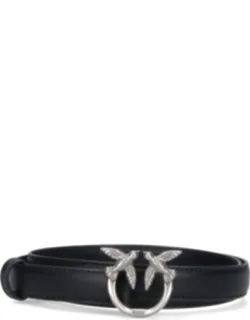Pinko 'love Birds' Belt In Black Leather With Silver Metal Logo Buckle