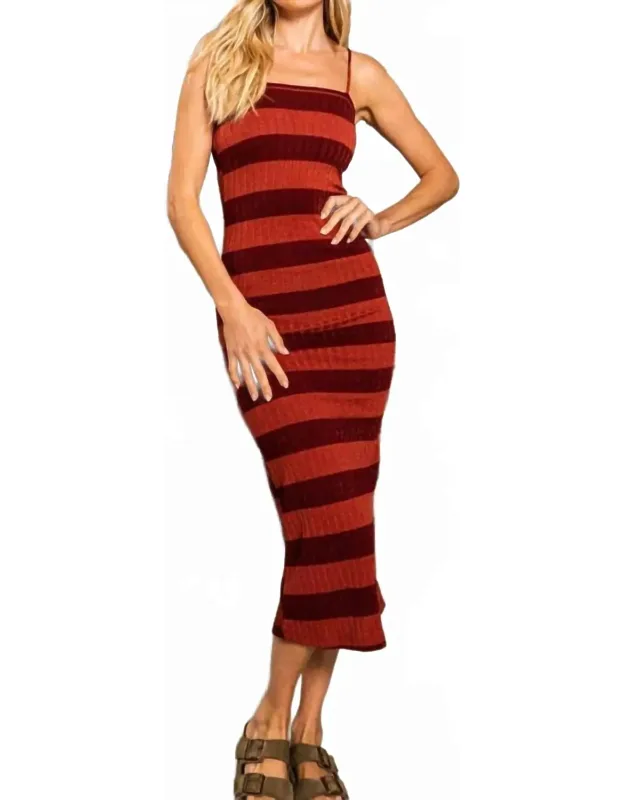 Stripe Print Ribbed Bodycon Long Dress