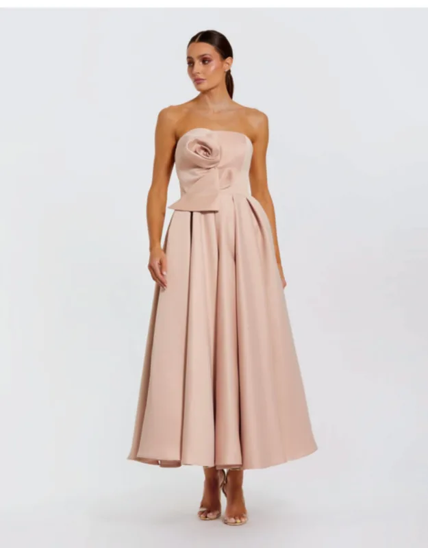 Strapless Satin A-line Midi Dress With 3d Flower