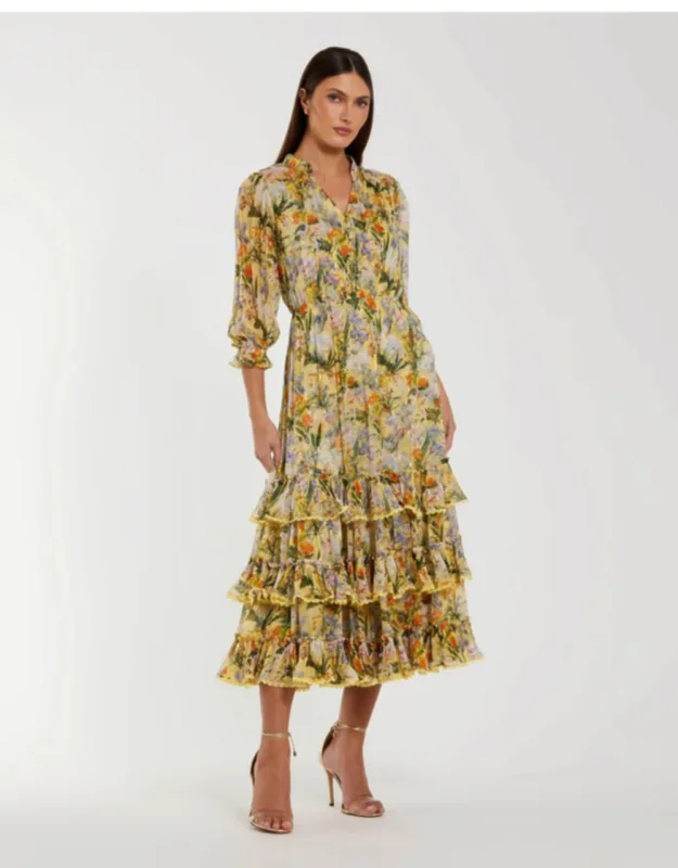 Floral V Neck Ruffle Midi Dress With 3/4 Sleeves