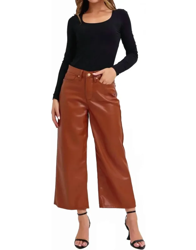 High Rise Tummy Control Faux Leather Crop Wide Leg Jeans