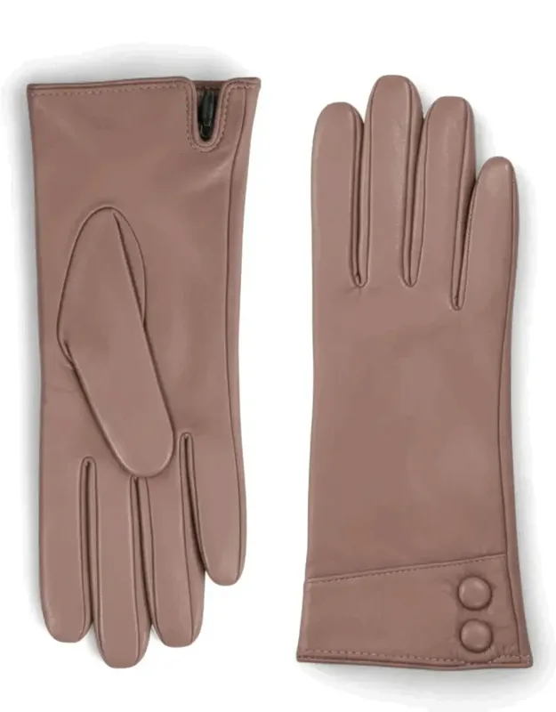 Leather Gloves With Touchscreen, Wool Lining, And Decorative Buttons