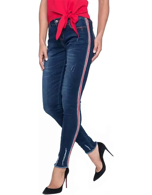 Distressed Denim Jeans With Side Stripe