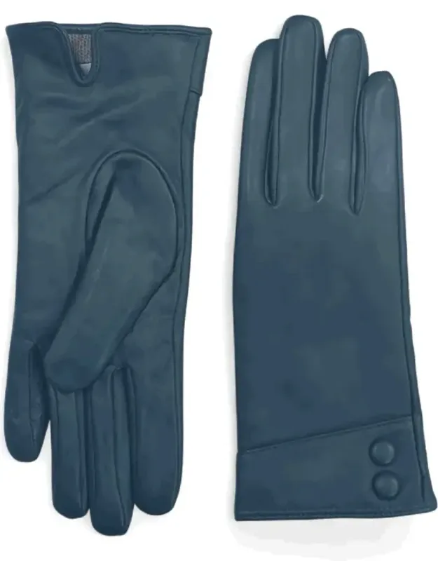 Leather Gloves With Touchscreen, Wool Lining, And Decorative Buttons