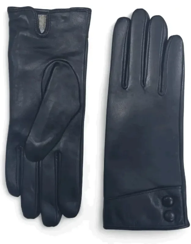 Leather Gloves With Touchscreen, Wool Lining, And Decorative Buttons