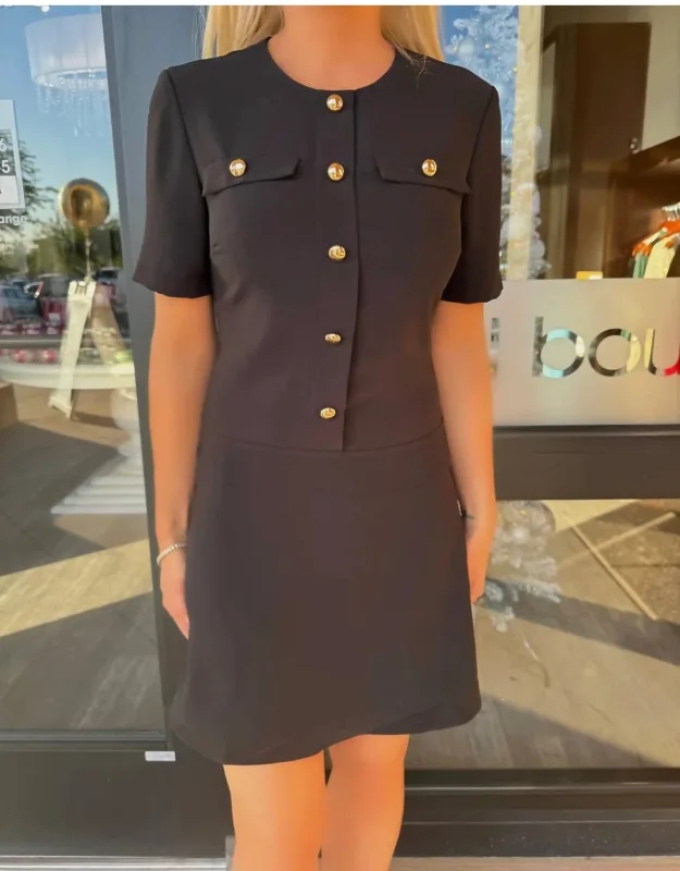 Greer Mini Dress With Swing Skirt And Gold Button Details