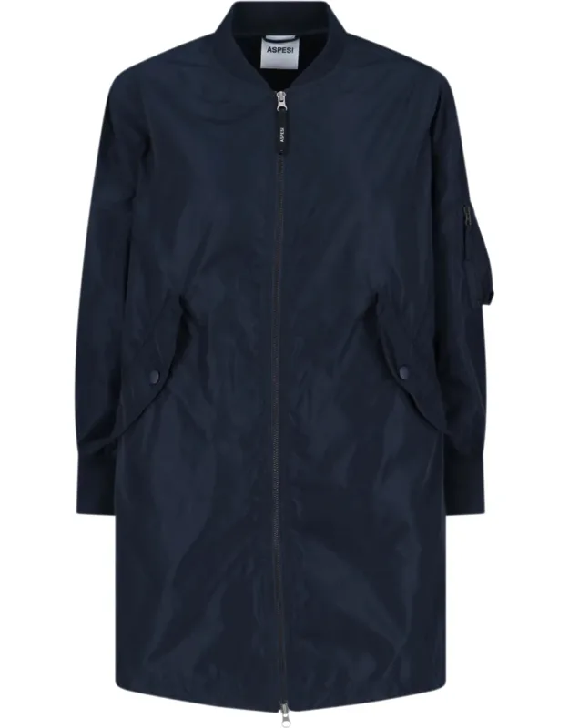 Aspesi Technical Fabric Coat With Ribbed Collar And Double Zip Closure