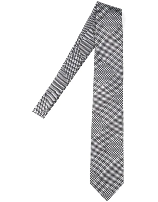 Prince Of Wales Tie In Grey Mulberry Silk With Black Details, Adjustable