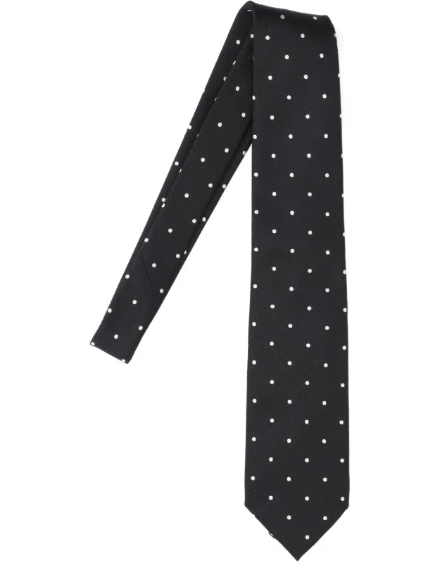 Polka Dot Tie In Black Mulberry Silk With Adjustable Detail