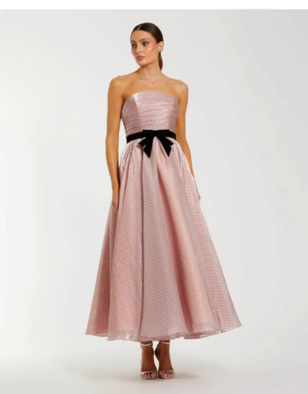 Polka Dot Organza Strapless Midi Dress With Velvet Bow