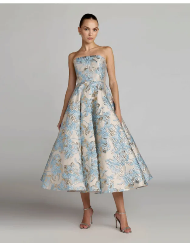 Strapless Brocade A-line Midi Dress With Pockets
