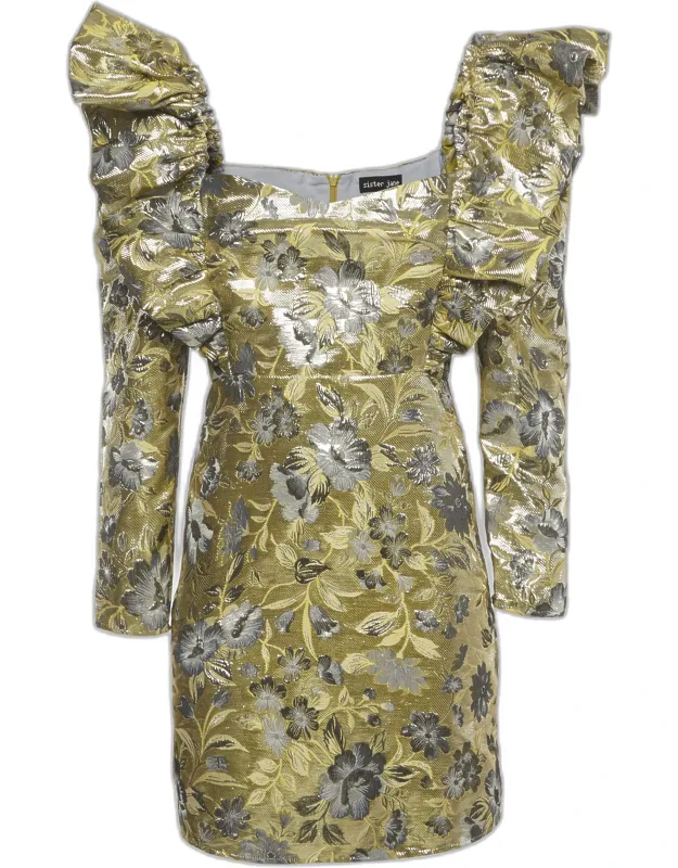Floral Pattern Jacquard Puff Sleeve Mini Dress