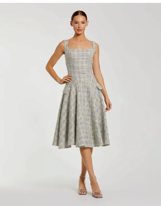 Multicolor Sleeveless Drop Waist Boucle Midi Dress