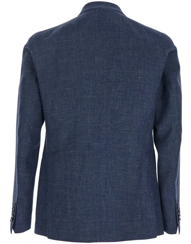 Double-breasted Blazer With Logo Pin In Linen And Cotton Blend
