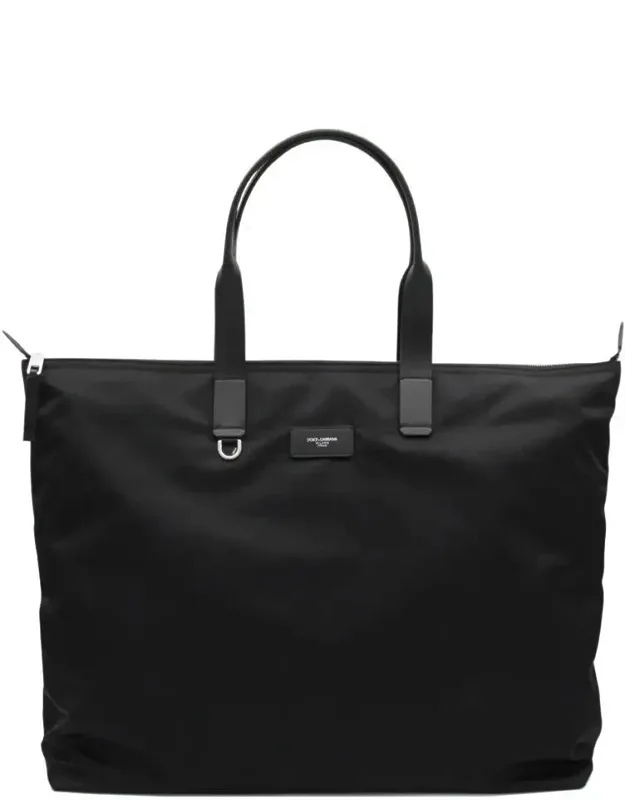 Zip-up Tote Bag With Logo Plaque And D-shaped Detail