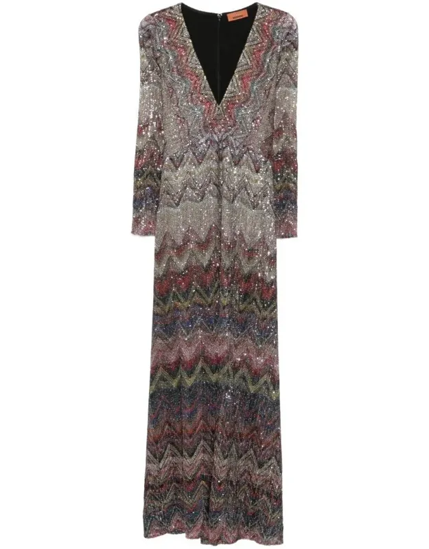 Dress V-neck Floor-length All-over Zigzag Pattern