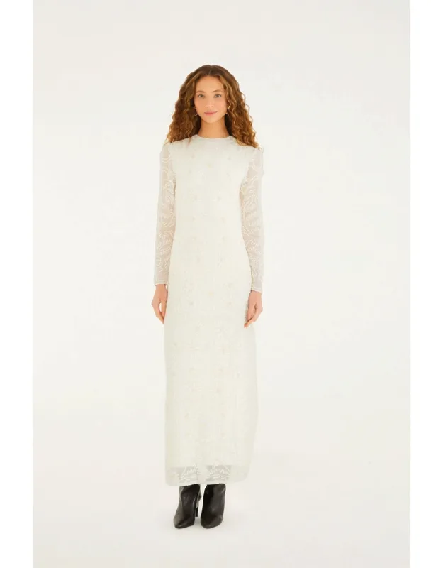 Embroidered Crew Neck Long Sleeve Maxi Dress