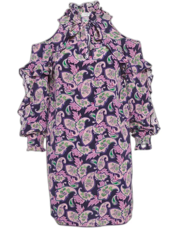 Printed Silk Ruffled Cold-shoulder Dress