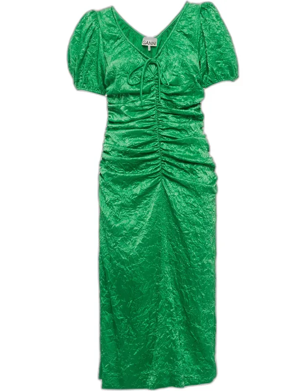 Crinkled Satin Ruche Detail Midi Dress