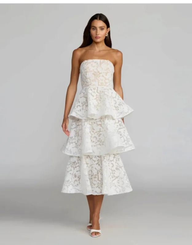 Strapless Lace Tiered Ruffle Midi Dress