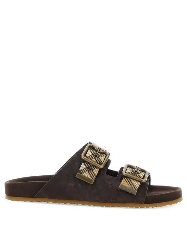 Suede Flat Sandals With Checked Straps