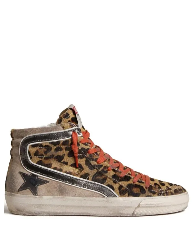 Slide Sneakers In Leopard-print Pony Skin With Metallic Leather Star And Flash