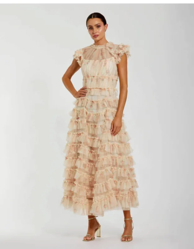 Cap Sleeve Micro Ruffle Floral Midi Dress