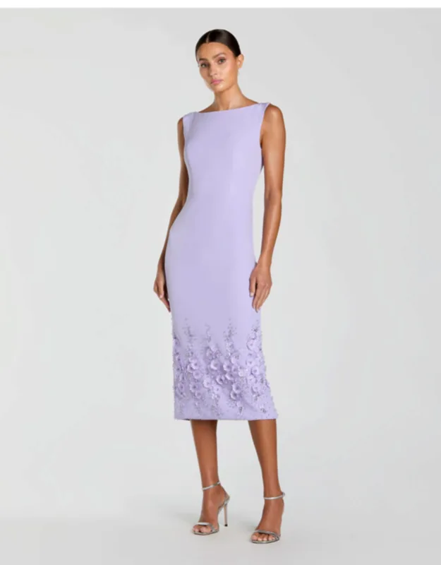 Crepe Sleeveless Midi Dress With Flower Beading