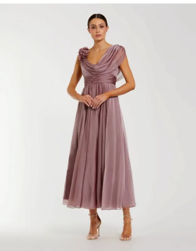 Chiffon Cowl Neck Dress With 3d Flowers