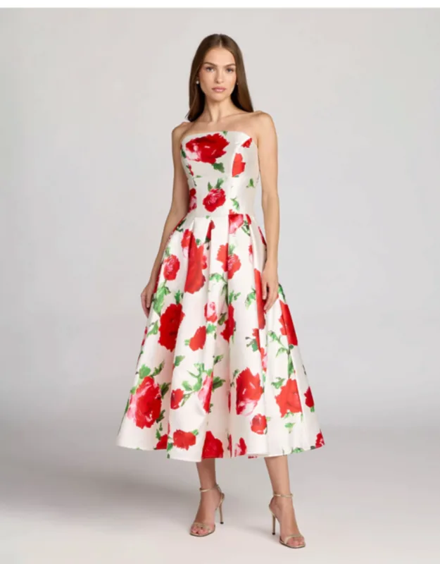 Strapless Floral Printed A Line Midi Dress