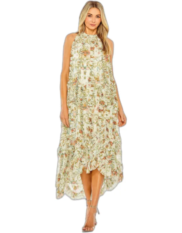 Sleeveless High Neck Ruffle Floral Dress