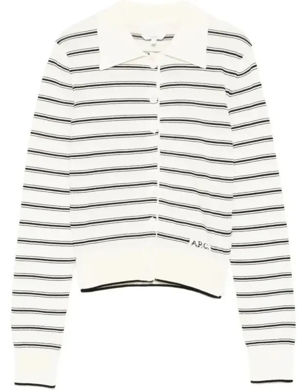 Polo-collar Cotton Striped Cardigan