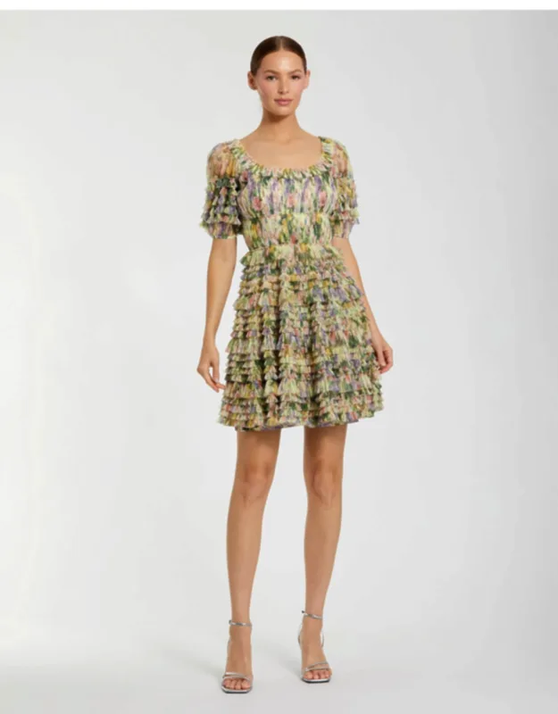 Multicolor Floral Puff Sleeve Ruffle Mini Dress