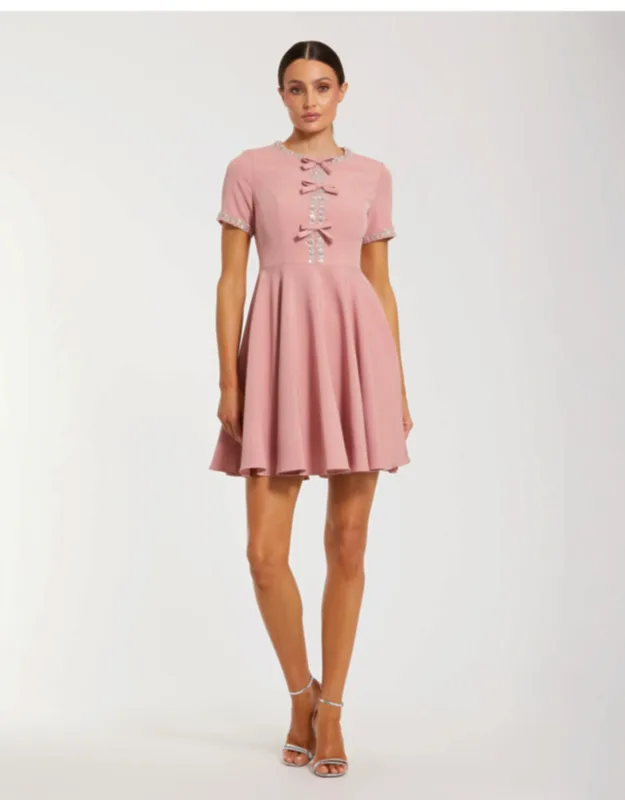 Crepe A Line Mini Dress With Rhinestone Beading