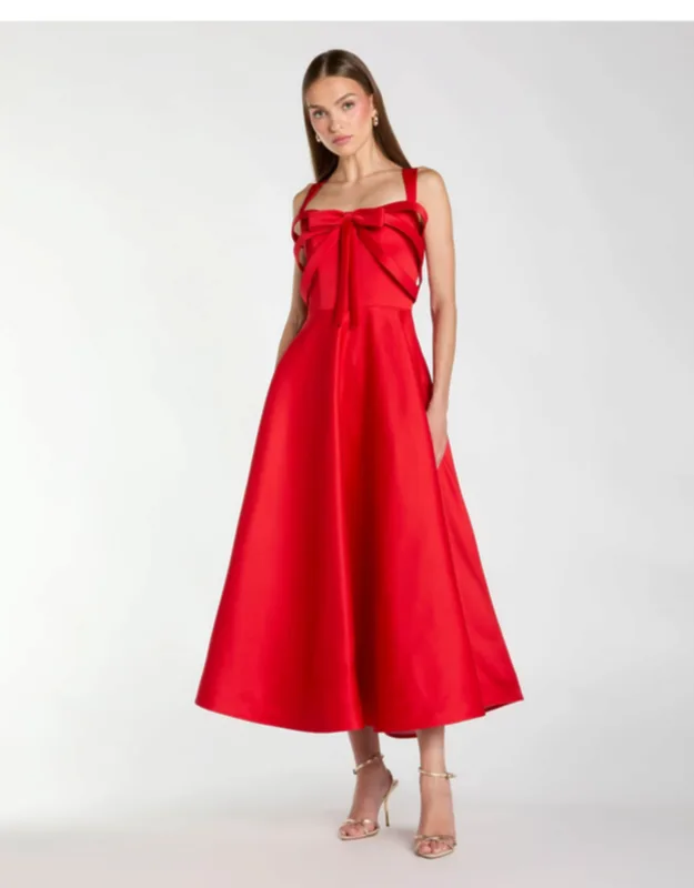 Satin Sleeveless A-line Midi Dress With Bow