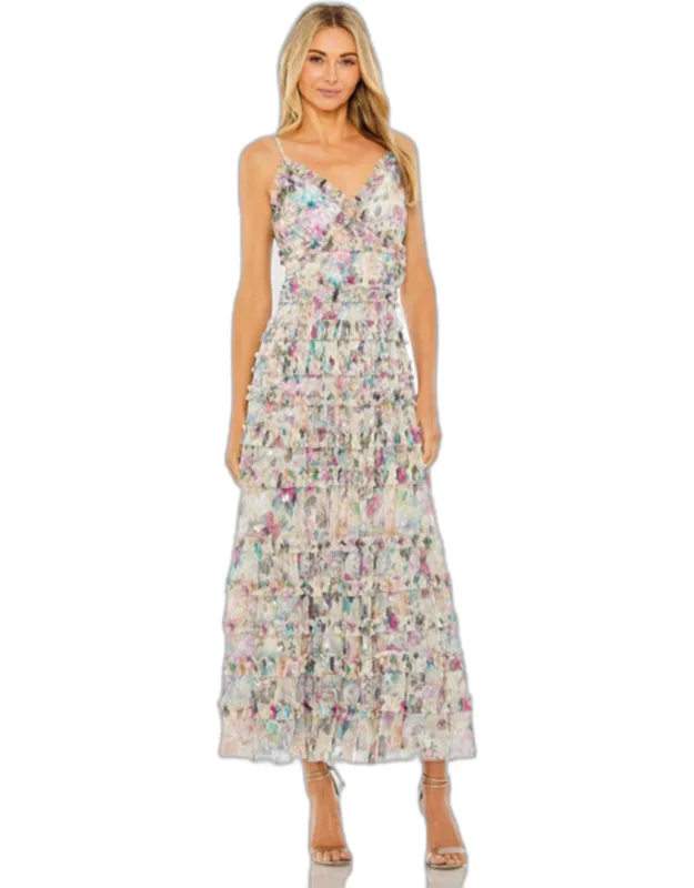 Floral Sequined Tiered Ruffle Midi Dress