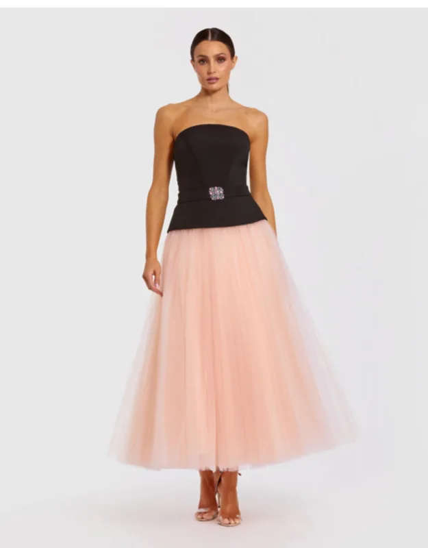 Strapless Midi Dress With Tulle Skirt