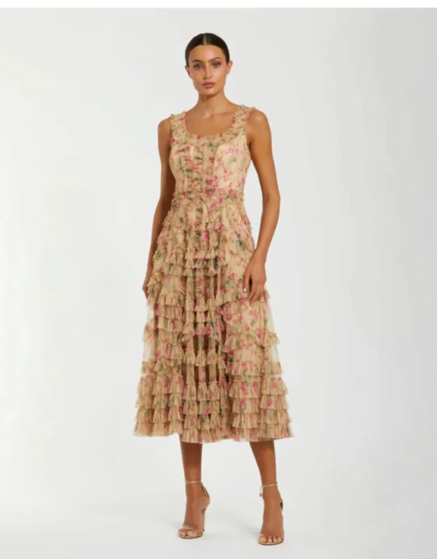 Floral Printed Sleeveless Ruffle Midi Dress