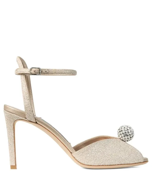 Sakora 85 Light Gold Glitter Fabric Sandals With Crystal Sphere
