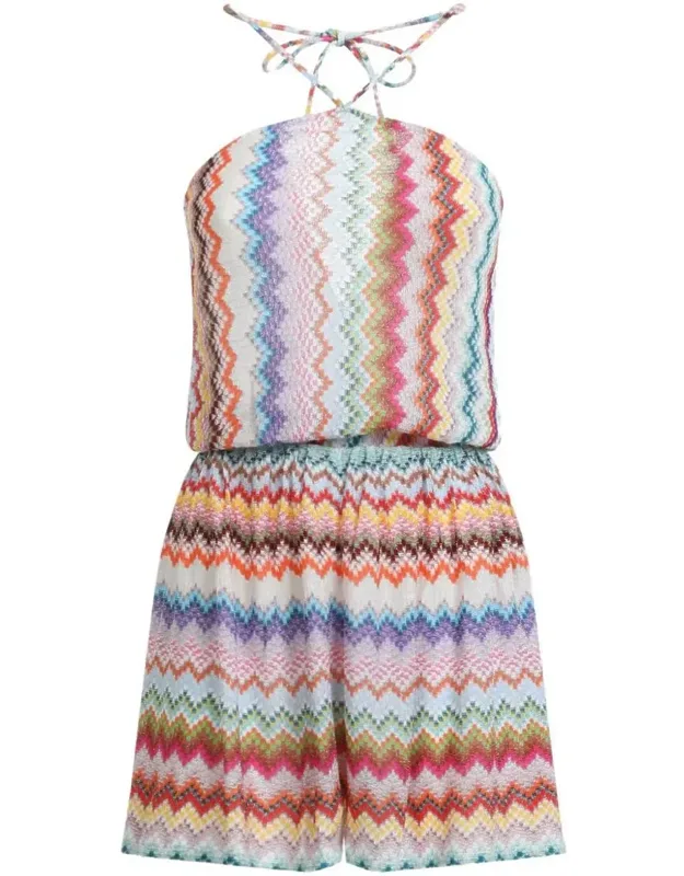 Short Jumpsuit In Lamé Viscose With Pixel-effect Zigzag Pattern
