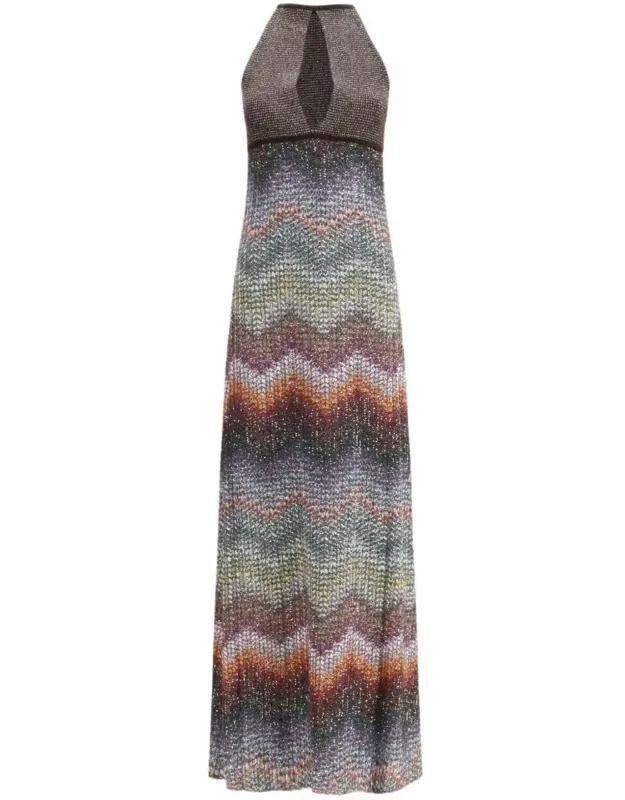 Long Halter-neck Dress In A Greek-style Zigzag Knit With Sequins
