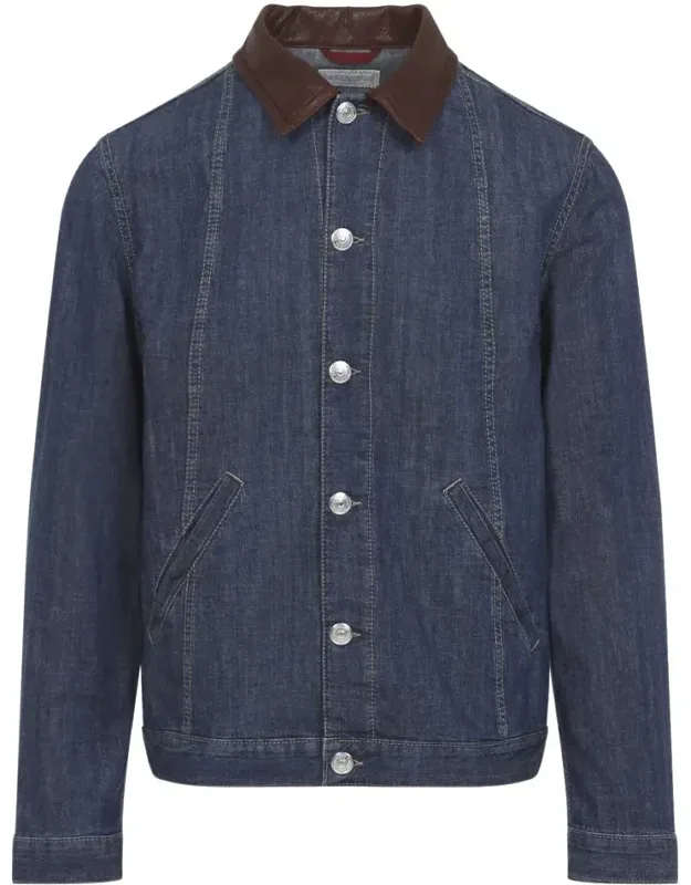 Brunello Cucinelli Leather Collar Cotton Denim Jacket, Front Button Fastening, Two Welt Pockets