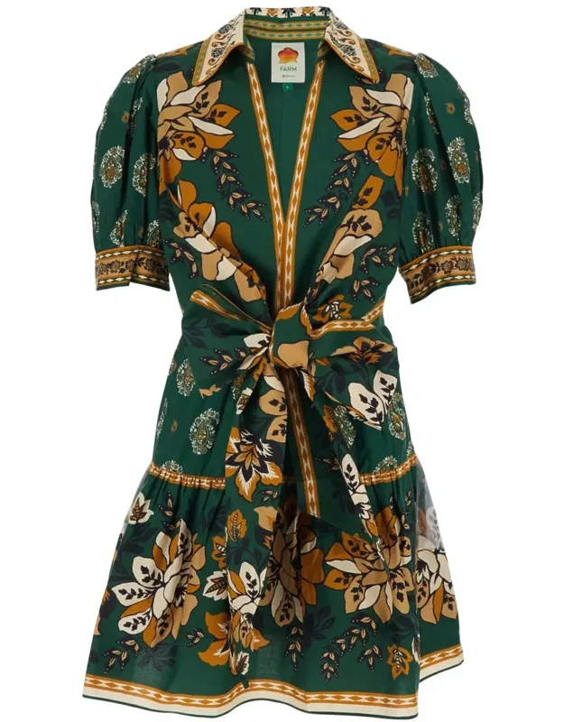 Ayla Mini Dress With All-over Floral Motif And Bow On The Front In Cotton