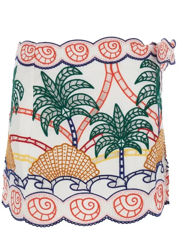Skirt With Side Knot Closure And All-over Tropical Embroidery In Cotton