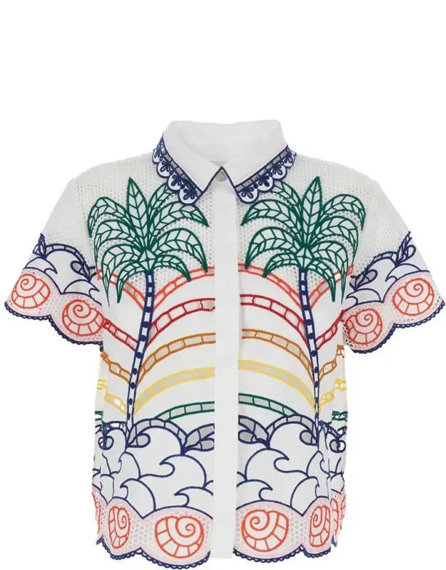 Shirt With Classic Collar And Tropical Embroidery In Cotton