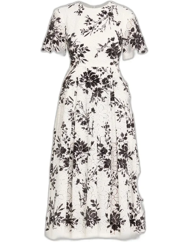 Sequin Floral Embroidered Eyelet Midi Dress