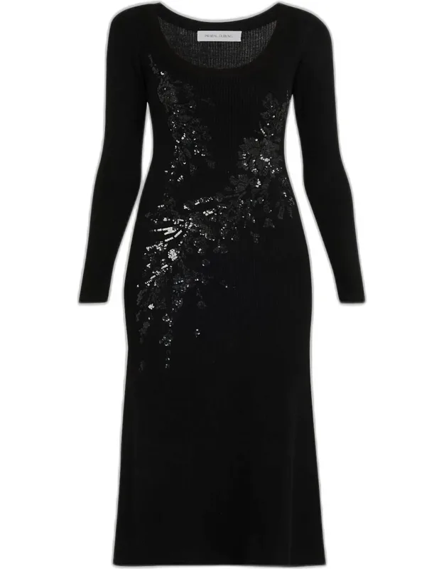 Floral-embroidered Rib Knit Midi Dress