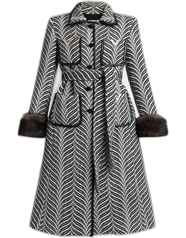 Lamb Shearling Cuff Belted Herringbone Coat
