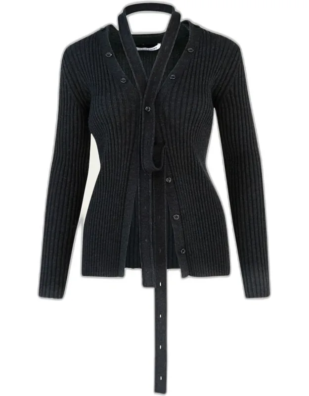 Button Convertible Rib V-neck Cardigan